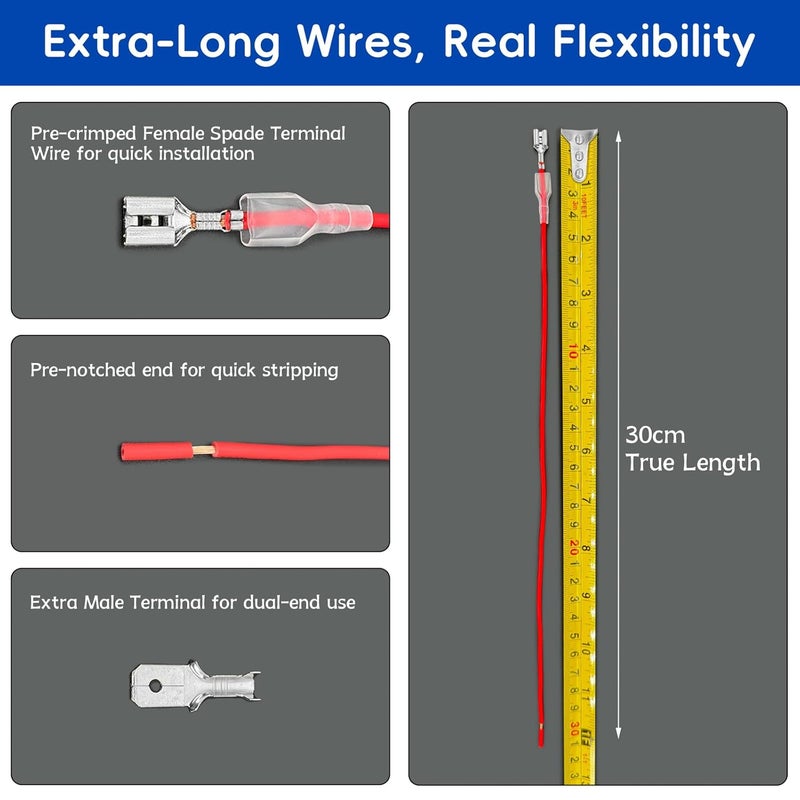Fixpax Speaker Wire Connector Kit 30PCS 18AWG Female Spade Terminal Wire Connectors Pre-Crimped 2.8/4.8/6.3mm, 30cm Red & Black, with 15PCS Extra Open-End Male Terminals—All with Insulating Sleeves - Image 2